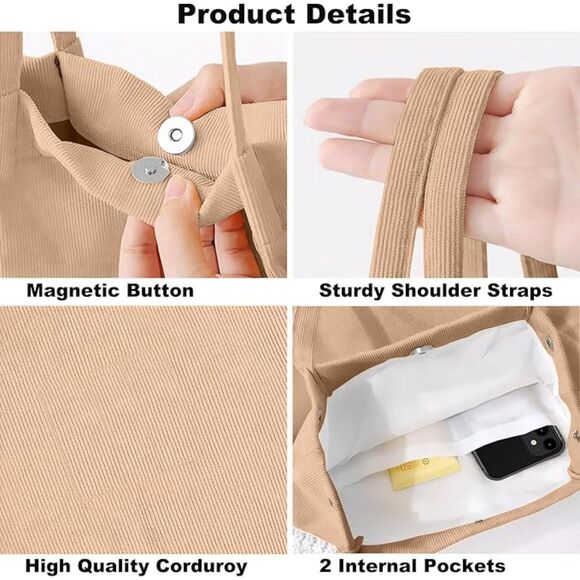 Women Khaki Imported Corduroy Small Canvas Shoulder Handy Tote Bag - Picture 4 of 4